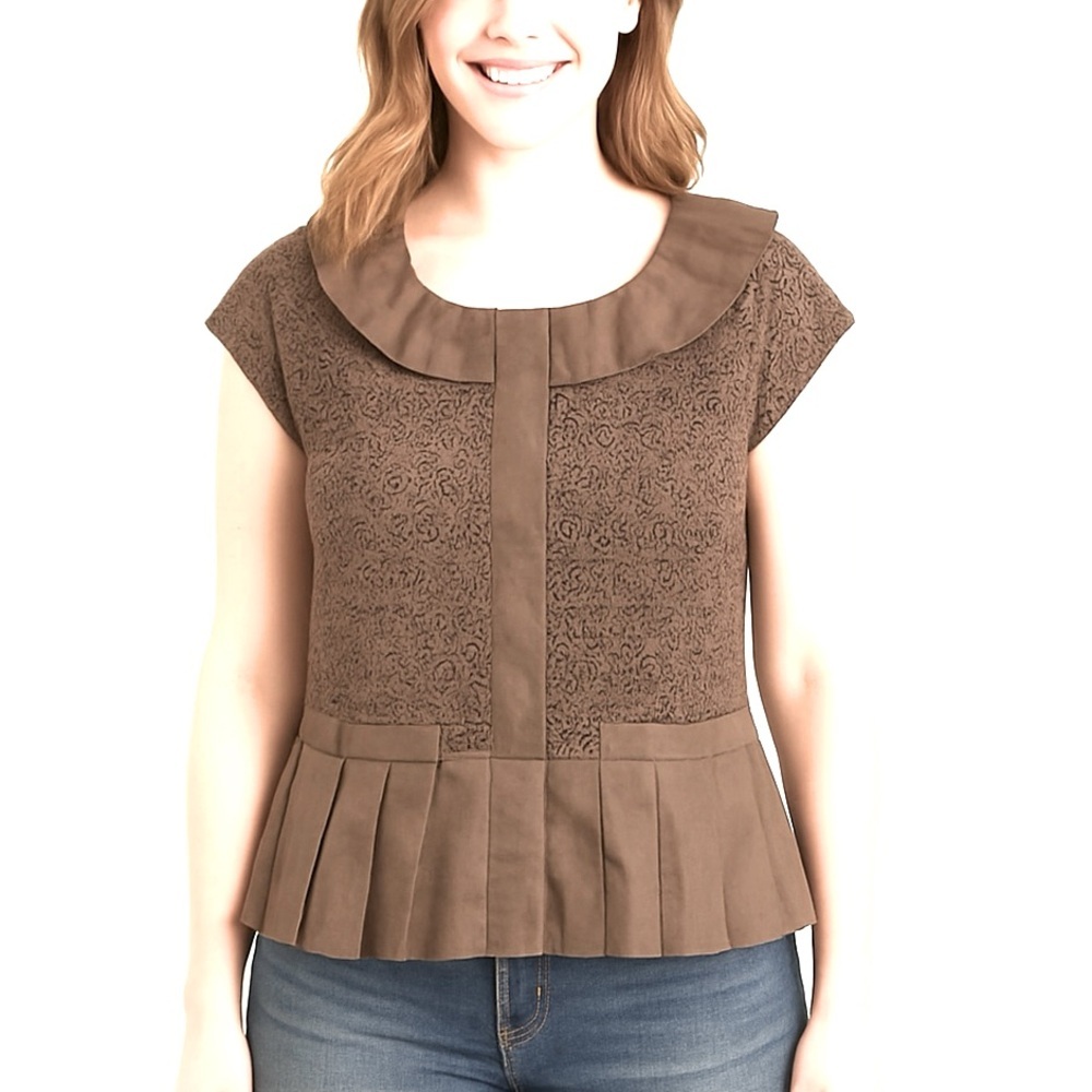 (A6) Anthropologie Elevenses Brown Eyelet Lace Peplum, Size Medium, NWT